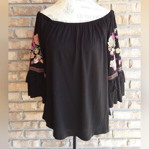 Altar'd State Boho Embroidered Detail Off the Shoulder Top with Ruffle Sleeve.